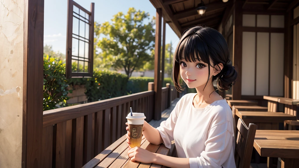 original photo, best quality), 1 girl, Kanao Tsuyuri, natural lighting, Upper body, cafes, Smile, Satosh Khan Art Style