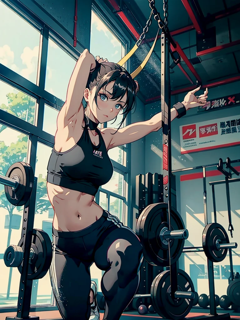A woman wearing a black top and black pants is squatting on gym equipment。, workout, fit girl, Chun-Li at the gym, at the gym, Best Anime 4K Kona-chan Wallpaper, 4k anime wallpaper, Beautiful anime girl squatting, anime style 4k, anime wallpaper 4k, anime wallpaper 4k, highly detailed art germ