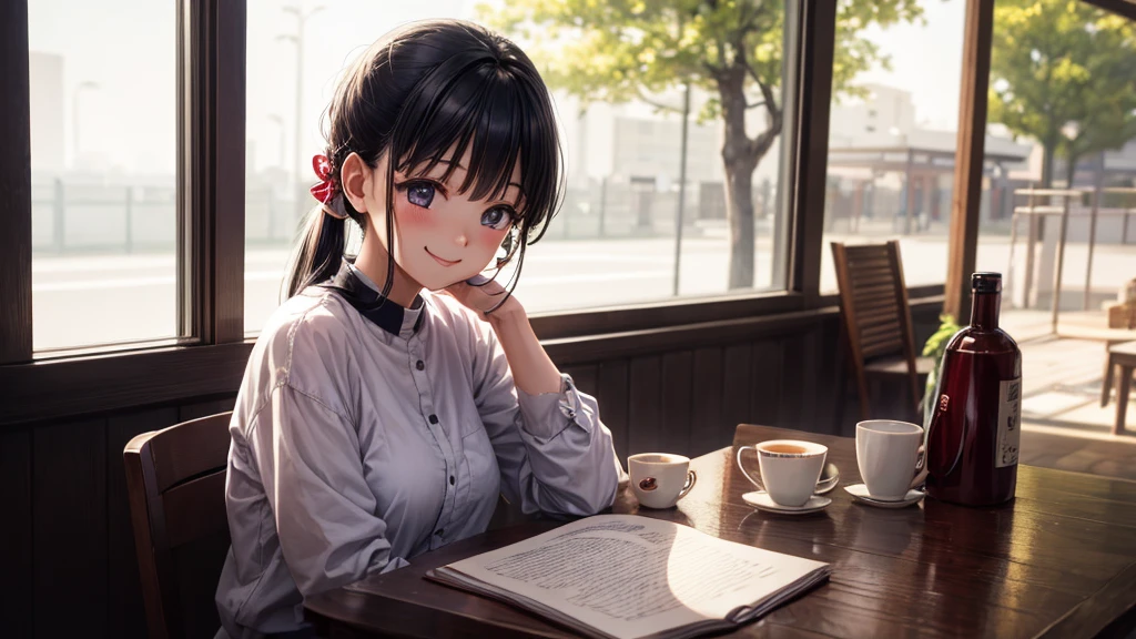 original photo, best quality), 1 girl, Kanao Tsuyuri, natural lighting, Upper body, cafes, Smile, Satosh Khan Art Style