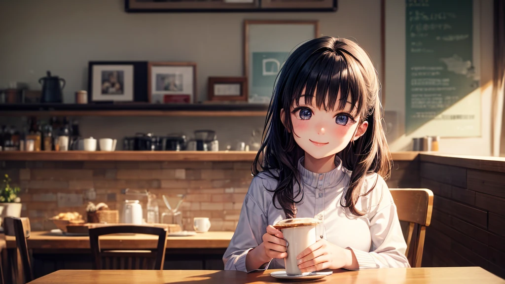 original photo, best quality), 1 girl, Kanao Tsuyuri, natural lighting, Upper body, cafes, Smile, Satosh Khan Art Style