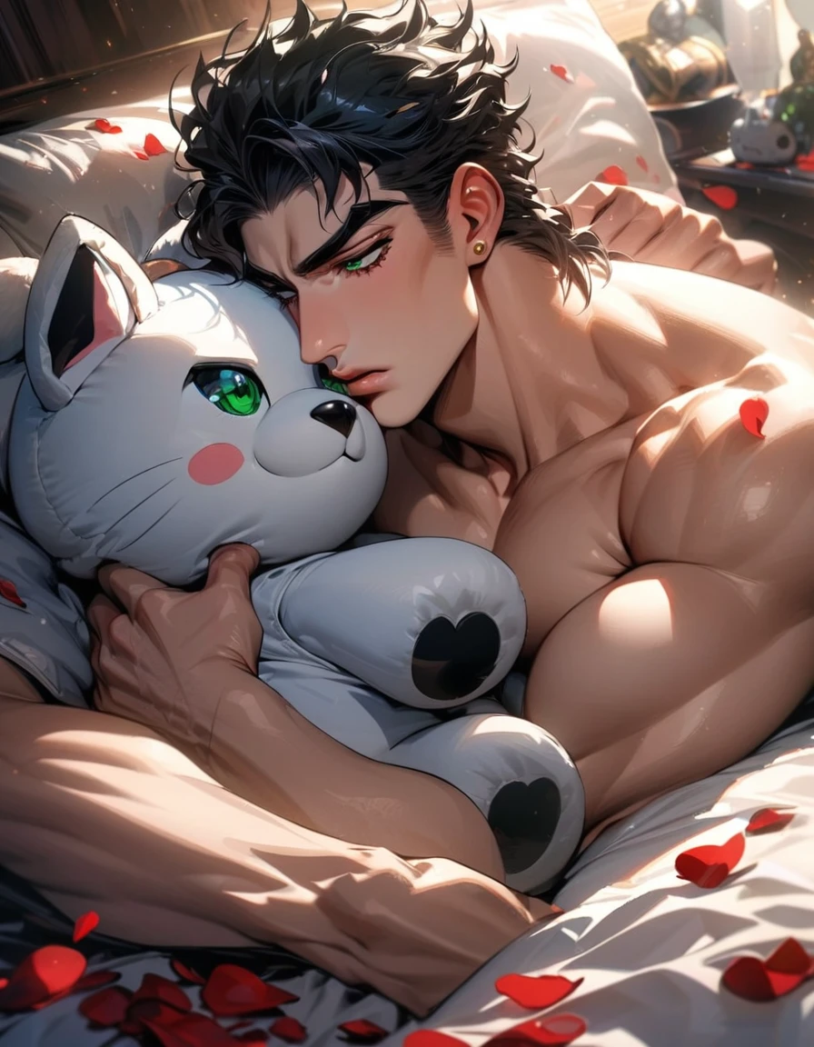 absurdres, highres, ultra detailed, HDR, masterpiece, Jotaro Kujo, black hair, expressive green eyes, jojo bizarre adventure, 1man, handsome, extremely detailed, bare chest, lying on a bed, red petals, hugging a small dog plush