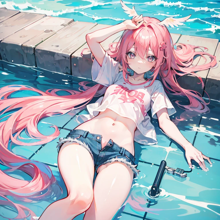 楽しそう、Full Body Shot、Semi-long hair、Pink Hair、Pale blue eyes、、Swimsuit、pool、Medium breast、、whole body、stick out your butt