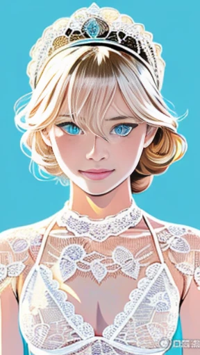 color illustration, Goddess of Sun, pure female, ((white lace bikini:1.3)), diamond tiara, diamond necklace. looking at camera, symmetric face, light blue eyes, eye line, chignon blonde, pale skin, ((very very small bust, slim body, beautiful balance:1.3)), under the sun, Japanese comic art style, art by Osamu Tezuka