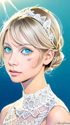 color illustration, Goddess of Sun, pure female, ((white lace bikini:1.3)), diamond tiara, diamond necklace. looking at camera, symmetric face, light blue eyes, eye line, chignon blonde, pale skin, ((very very small bust, slim body, beautiful balance:1.3)), under the sun, Japanese comic art style, art by Osamu Tezuka