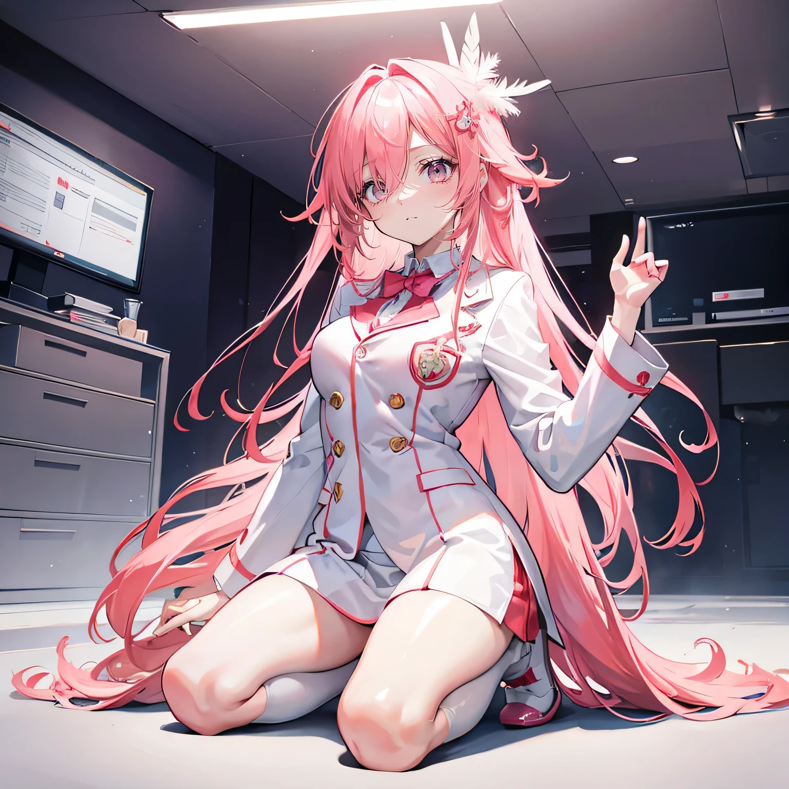 Coral pink hair，long hair，hair over one eye，gray eyes，feather hair ornament，girl，cute，White suit，full-body shot，whole body，Sitting in the office，Kneeling legs，The background is，office