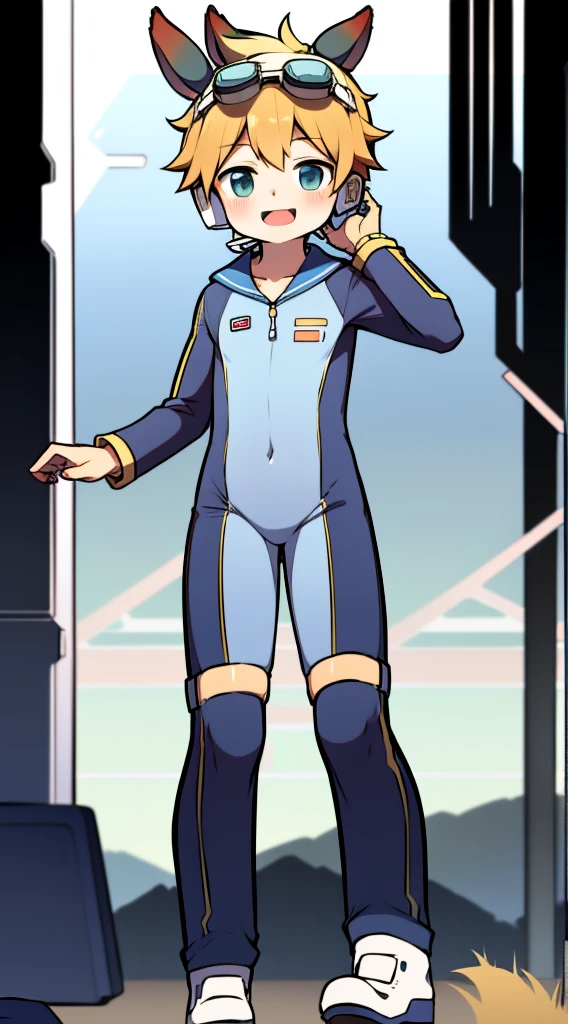 2D Boy Shota,One-piece mountaineering suit,Slim, healthy body,Put the headphones on your head,stand up,goggles,Rabbit ears,happy,sailor collar