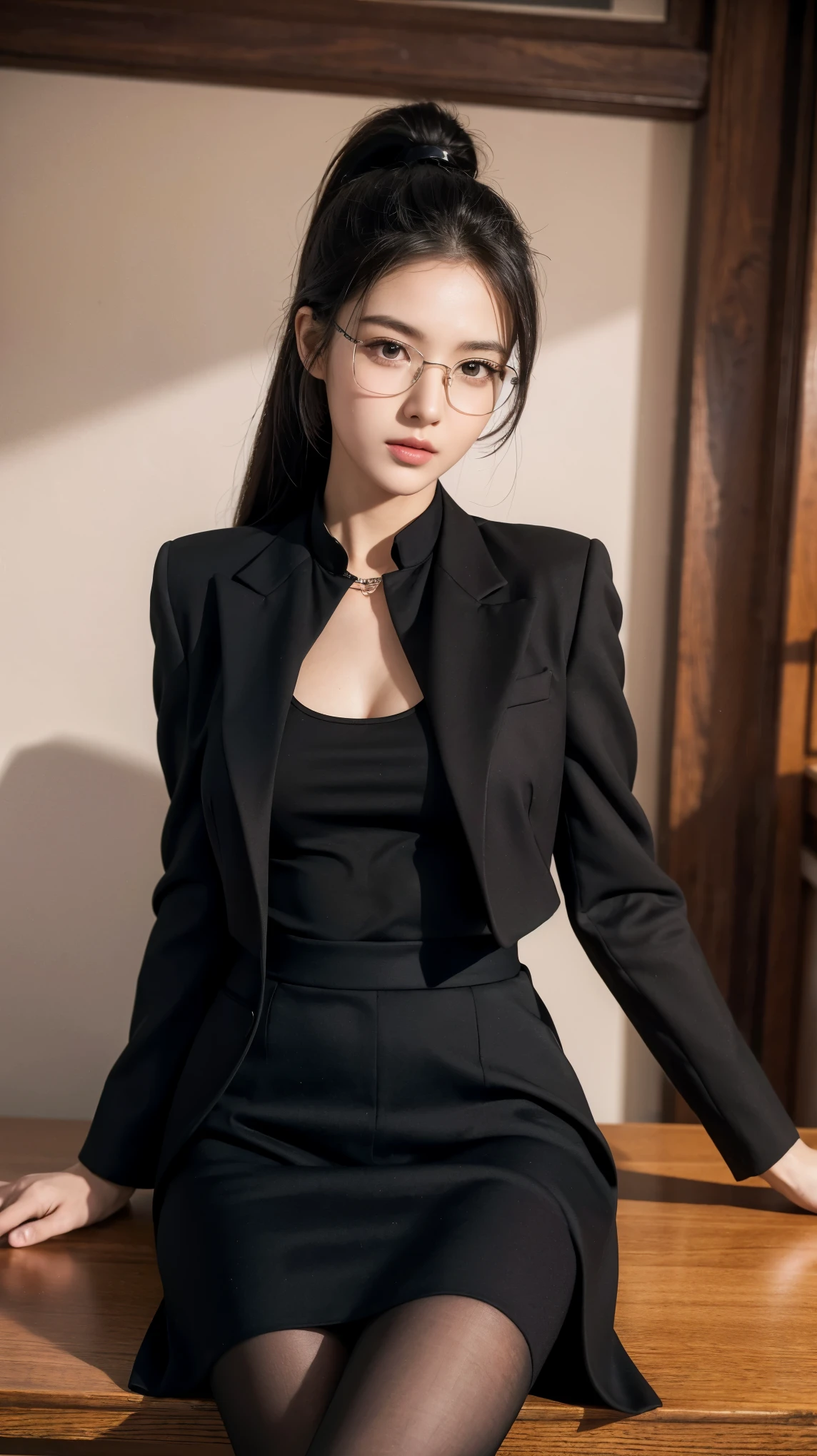 ((best quality)), ((masterpiece)), (detailed), (photorealistic:1.4), best quality, masterpiece, ultra high res, 1girl, (detailed face:1.2), (detailed eyes:1.2), (detailed hair:1.2), (detailed clothes:1.2), 4k, (detailed color:1.2), perfect face, beautiful body, pretty face, teenager female, perfect body, Ultra-high detail, Photorealism, Intimate atmosphere, flowing light, black straight hair, ponytail, glasses, wear a black coat, black skirt, unbuttoned coat, sit on the table, office room, facing at viewer