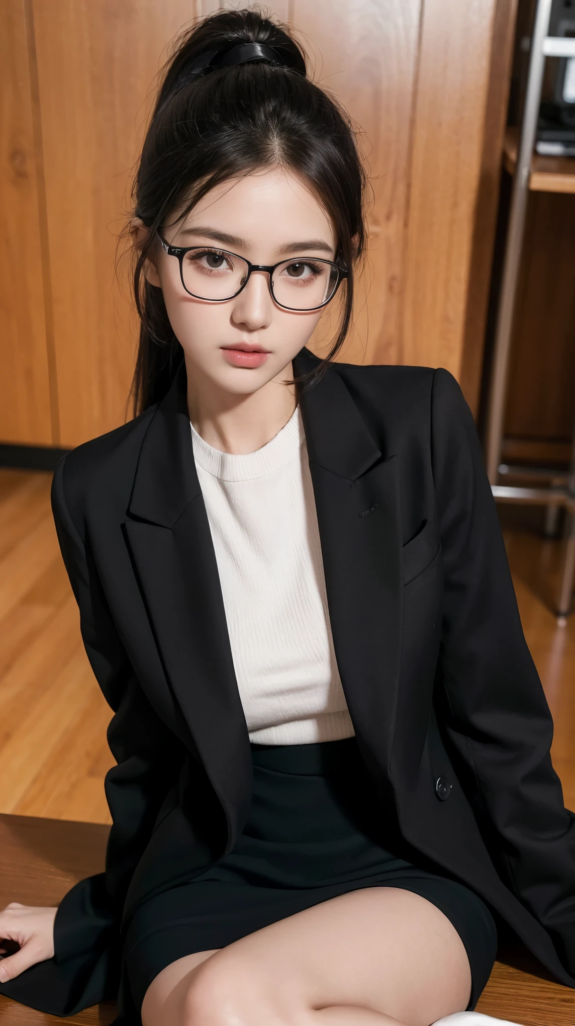 ((best quality)), ((masterpiece)), (detailed), (photorealistic:1.4), best quality, masterpiece, ultra high res, 1girl, (detailed face:1.2), (detailed eyes:1.2), (detailed hair:1.2), (detailed clothes:1.2), 4k, (detailed color:1.2), perfect face, beautiful body, pretty face, teenager female, perfect body, Ultra-high detail, Photorealism, Intimate atmosphere, flowing light, black straight hair, ponytail, glasses, wear a black coat, black skirt, unbuttoned coat, sit on the table, office room, facing at viewer