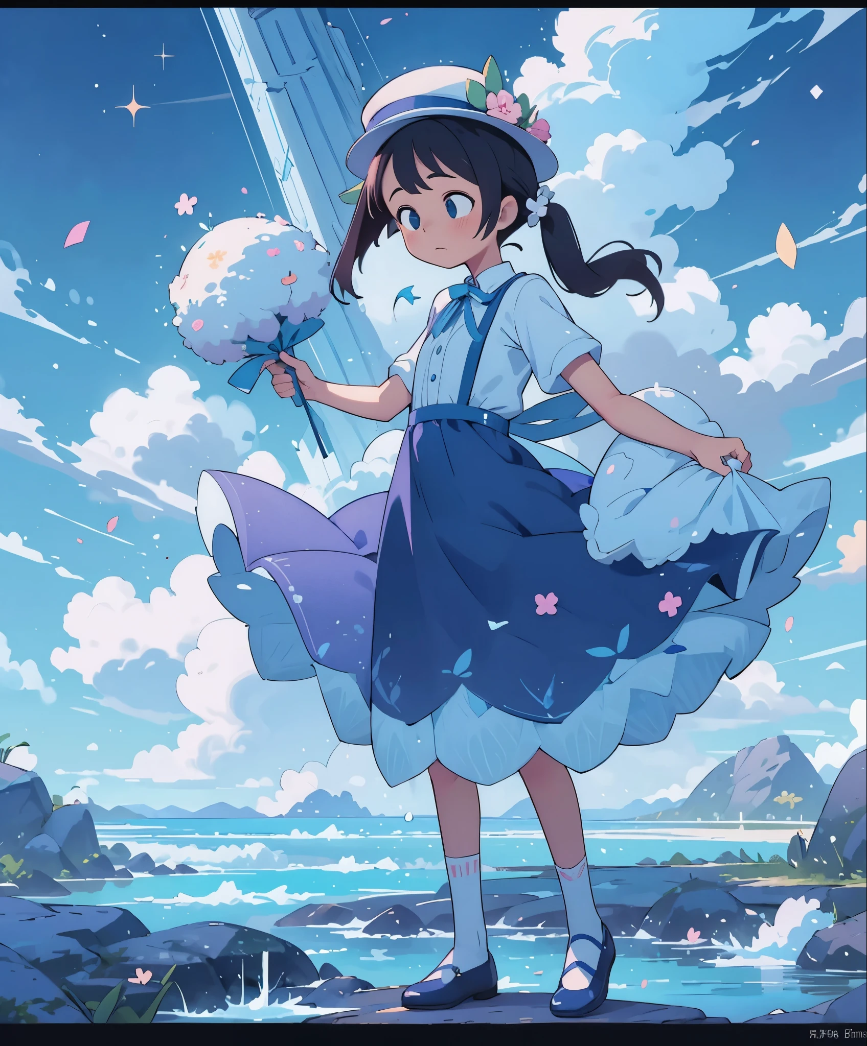 (masterpiece、highest quality、highest quality、official art、beautiful beautiful:1.2)、(1 girl:1.3)Hatsune Miku、twin tails,big breasts,Anime girl in blue dress and hat holding flowers, Cute anime wife in a nice dress, in a dress, I deny that matter, official art, anime princess, change, Beatrice Blue, zerochan art, Royal Elegant Pose, official artワーク, splash art anime , Pure, Kushat Krenz Key Art Women, detailed fan art, beautiful age girl