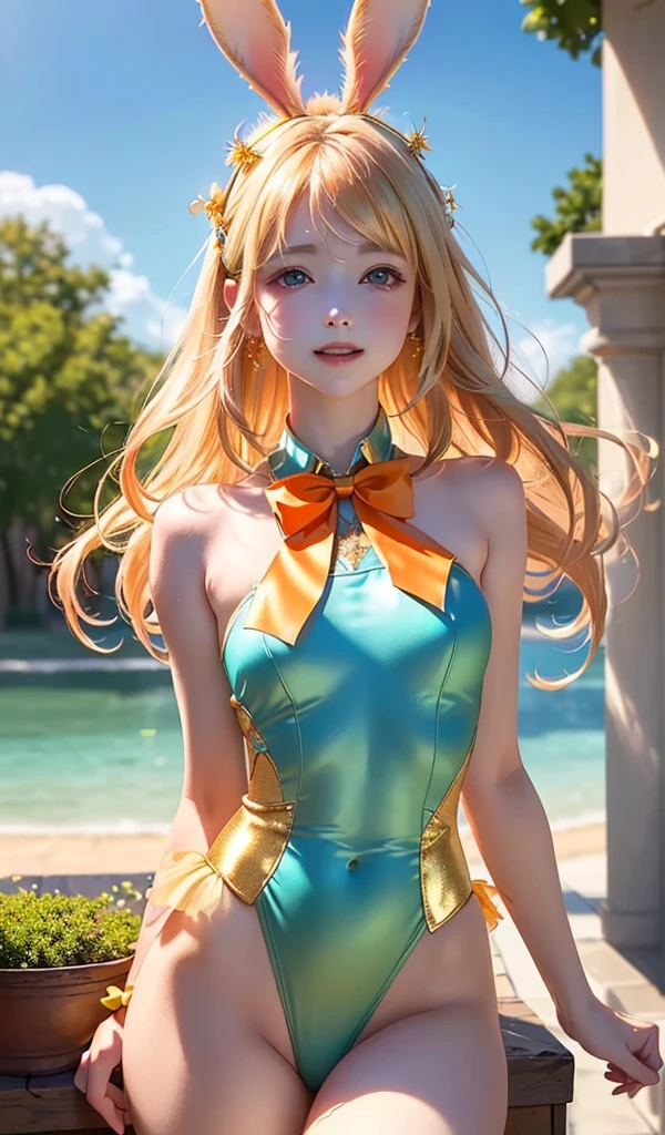 masterpiece, best quality, extremely detailed CG unity 8k wallpaper, (Upper Body head close-up shot of a beautiful little girl), , Elegant Long straight blonde hair, (Mckenna Grace), (flat chest,thighs), (orange-Cyan) golden (Glittering tutu,long Bunny Ear Headgear, , Bow-tie, No panties, genitals visible), (), (Blush), oil skin, (seductive smile), (Wonderland), pretty face, key art, award winning, intricate detail realism hdr, by (ruan jia and artgerm and range murata), Photorealism, Hyperrealism, ultra realistic, dramatic light, intense shadows, gorgeous view, depth of field
 
