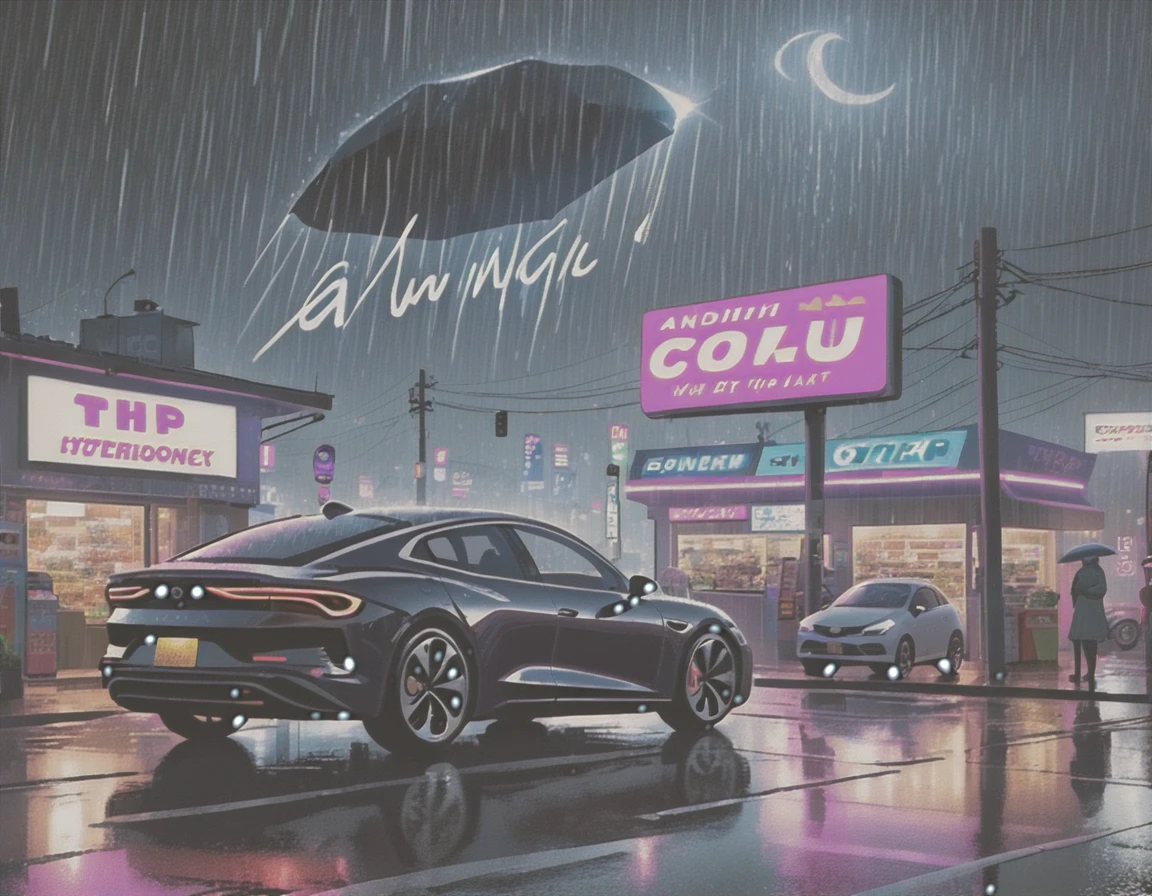 general shot, ((large midnight convenience store from another world, another planet, futuristic, with aliens buying: 1.5)), (town, street at midnight, wind: 1.3, flying papers: 1.3, puddles of water in the streets:1.3, car parking, ((sign with text, "24 hour store" in neon magenta:1.3)), old cars, street lamps lighting, heavy rain, dark and cold night:1.3), masterpiece, hyper realistic, highly detailed and well defined, award-winning image, beautiful photography, CG K: 1.4, 8k