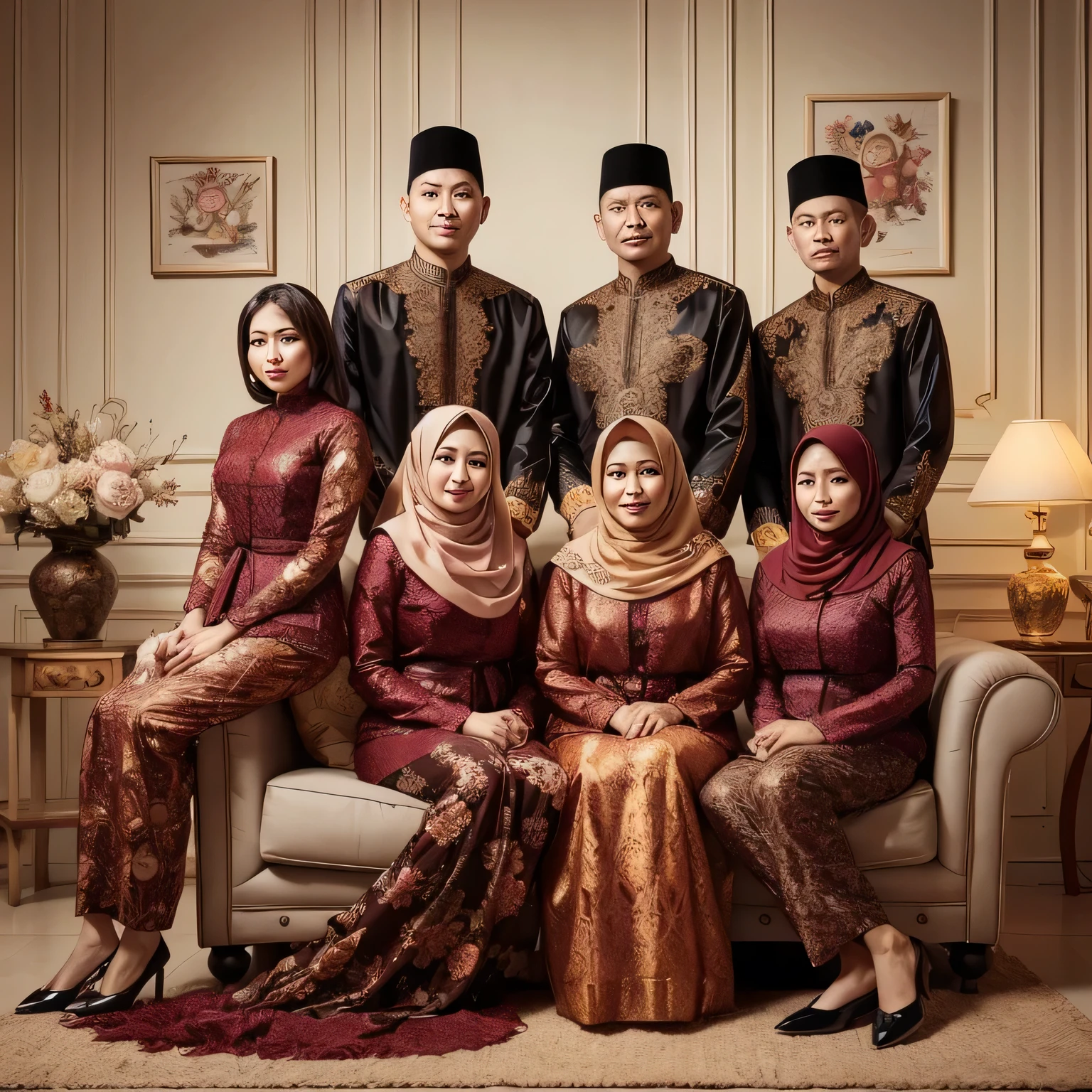 arafed group of people in traditional clothing posing for a picture, an indonesian family portrait, barong family, by Basuki Abdullah, family portrait, barong family member, malaysian, emir, ornate attire, family photography, full protrait, in majestic, happy family, portrait shot, classic portrait, potrait, inspired by Basuki Abdullah, family, group portraits