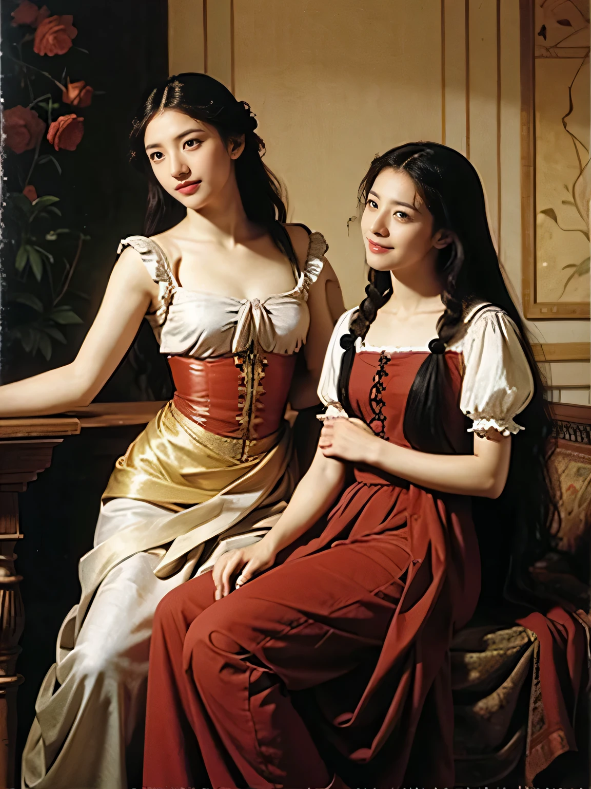 full body portrait or statue、Giorgione painting style,Arguments of two female Philosophe,math、astronomical machine、astronaut、roses in vase、fruits、Cute trinkets、smile、ancient greek costume、Ancient Roman landscape in the style of Nicolas Poussin,laughter,,Sweet and seductive appearance.、Caravaggio's paintings、Chiaroscuro of Caravaggio、hair tousled by the wind,Two women frolicking,cute smile, expression of ecstasy,Sexy,erotic