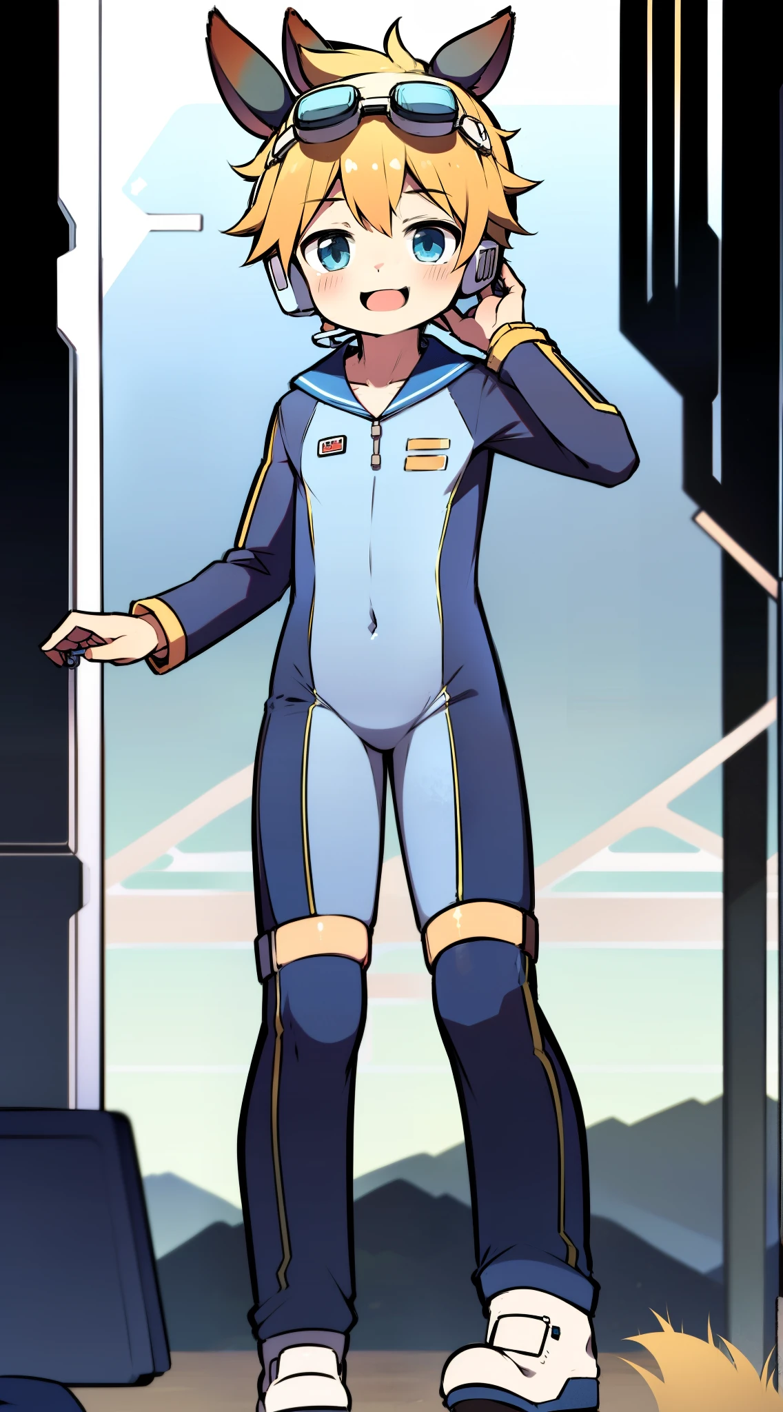 2D Boy Shota，One-piece mountaineering suit，Slim, healthy body，Put the headphones on your head，stand up，goggles，Rabbit ears，happy，sailor collar