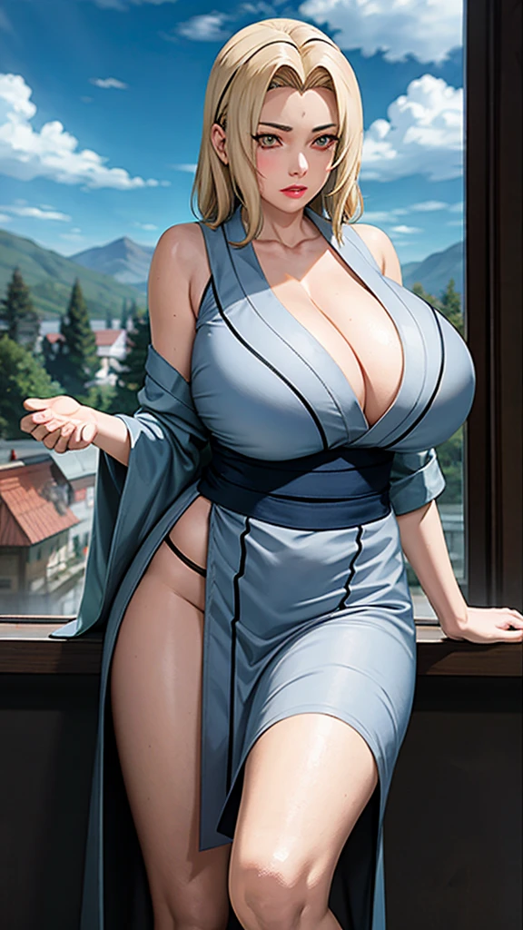 (huge boobs), cleavage, excellent anatomy, masterpiece, highest quality, 4k, 8K, professional photography, soft light, sharp focus, 1 girl, blonde hair, kimono, (Mountain), cloud, blonde hair, Parted banks, detailed face+brown eyes, closed lips, lipstick, bookshelf, windows,