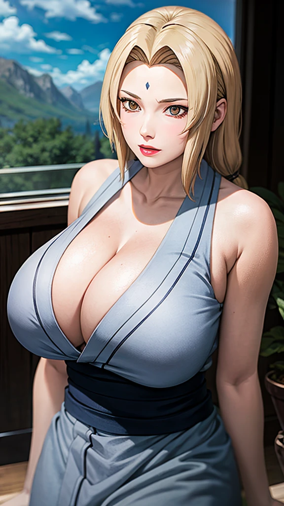 (huge boobs), cleavage, excellent anatomy, masterpiece, highest quality, 4k, 8K, professional photography, soft light, sharp focus, 1 girl,  blonde hair, kimono, (Mountain), cloud, blonde hair, Parted banks, detailed face+brown eyes, closed lips, lipstick, bookshelf, windows,