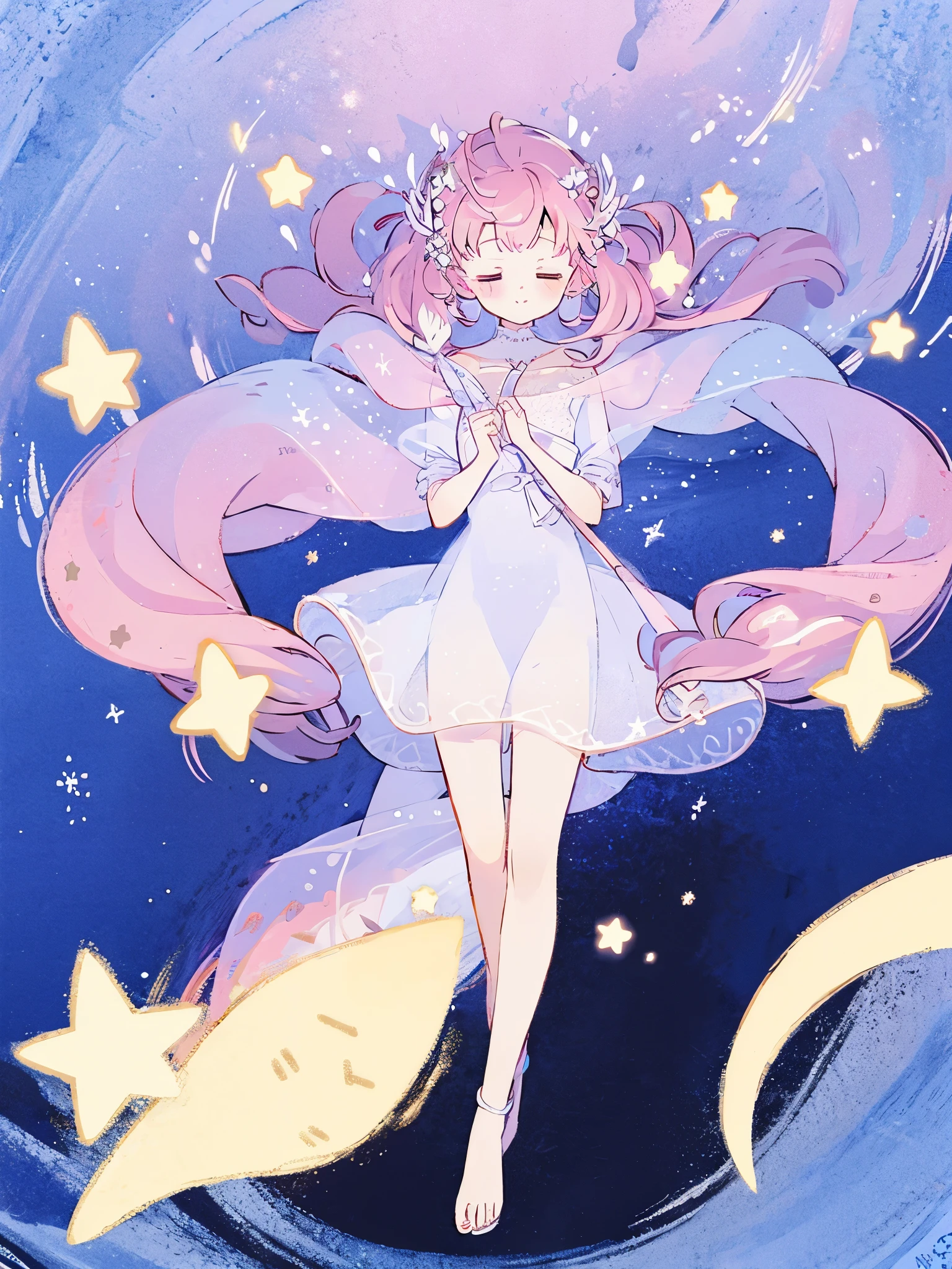 complex background, wishing star background, a woman wearing an ethereal mystical pink translucent dress that reflects the stars, perfume promo art, mystic, complex drawing, highly detailed, Covergirl brand, promo art, artistic rendition, ethereal, starry night, midjourney style