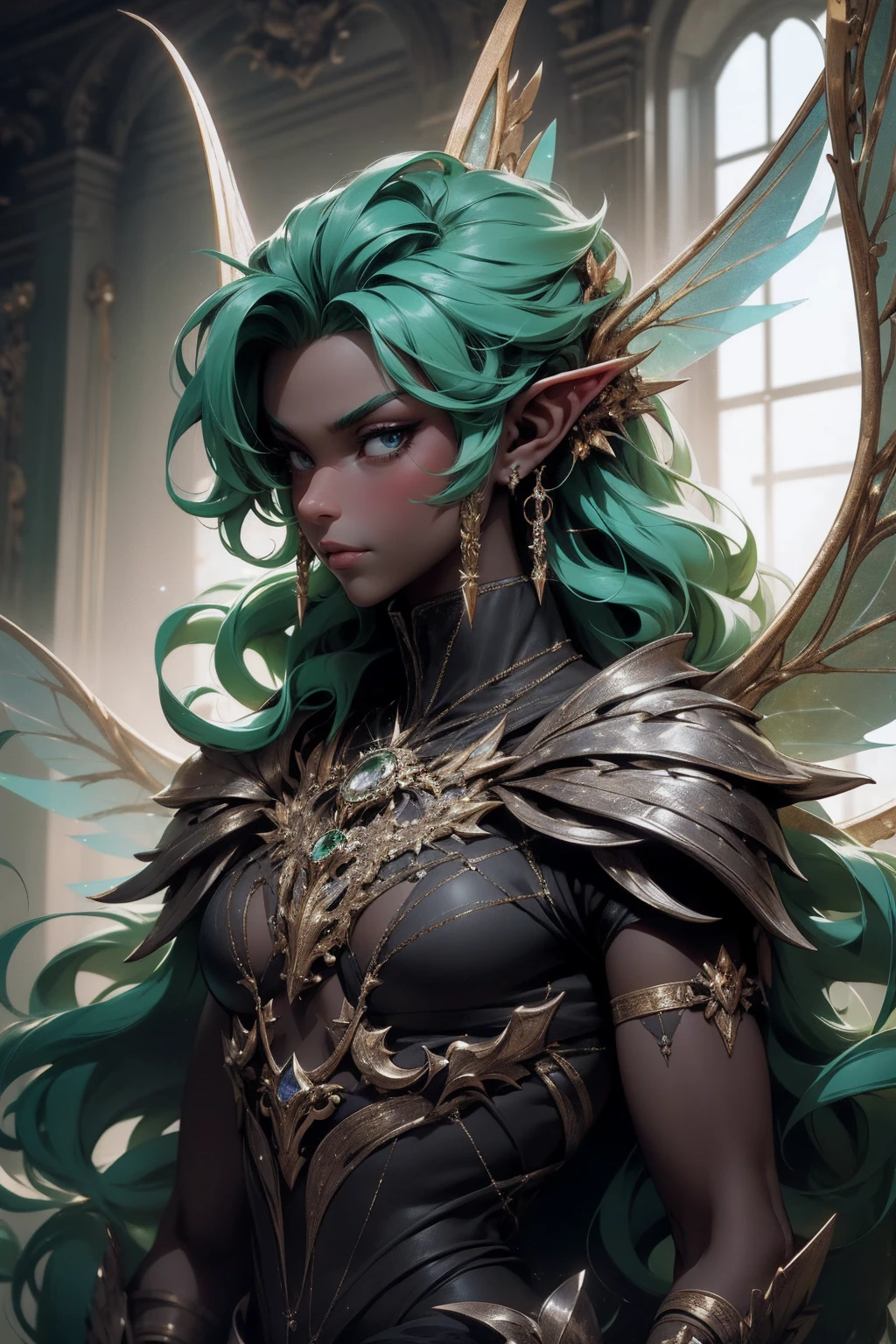 (Absurd, high quality, ultra -compared, careful with the hand) fairy, fairy wings, dreamer body, vivid, romantic and all. Optimistic face, just lies, without entry and intellectual. Reckless style, cold heart, impatient and too confident. Gray eyes, ripe and dark (eyes of the eyes), enchanted fairy (pixie) . medium curly hair, green hair. In the carnival row illustration, flying, dancing lithgly, upper body, black skin (black skin)