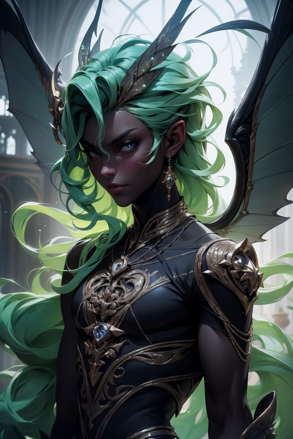 (Absurd, high quality, ultra -compared, careful with the hand) fairy, fairy wings, dreamer body, vivid, romantic and all. Optimistic face, just lies, without entry and intellectual. Reckless style, cold heart, impatient and too confident. Gray eyes, ripe and dark (eyes of the eyes), enchanted fairy (pixie) . medium curly hair, green hair. In the carnival row illustration, flying, dancing lithgly, upper body, black skin (black skin)