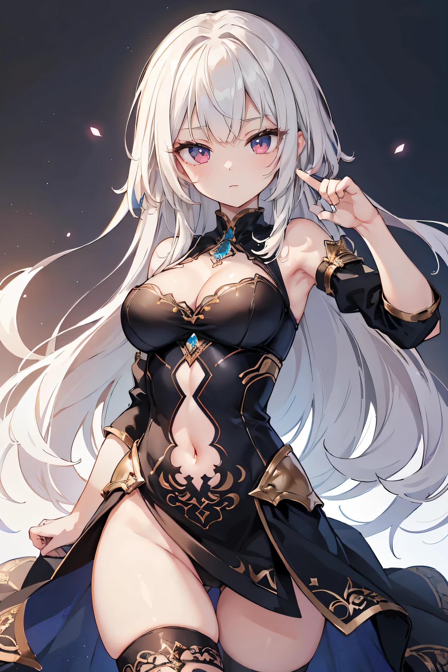 1girl, anime, cute girl, blank background, white background, fantasy, detailed fantasy dress with highlights, beautiful face, beautiful eyes, dark colors, black hair with multicolor streaks, red eye with different color pupil in eye, multicolor eye, medium small  (slightly big), slight cleavage, beautiful skin, cute,  curtains, extremely delicate and beautiful, (beautiful detailed face:1.0), (detailed deep eyes), symmetrical , deep eyes, shiny skin, portrait, slender waist,  wider than shoulders, thighs, expressionless, young girl, luminous eyes, adorable，（Kpop idol）,（aegyo sal：1），（Platinum blonde hair：1），（（puffy eye）），Black panty，sexy posture，Superskirt, ultra high resolution，Black collar，slim figure, Abdominal y tattoo,  tattoo，Tight-fitting leg ring，y tattoo on half-body，Bare skin, Armored hand，Hidden fingertips，Hand covered，Arm covered，Fist covered,{{beautiful detailed fingers}}, tufts of hair, moderate beautiful :1.0,(masterpiece:1.2), best quality, high-res, HDR, perfect face, intricate armor, delicate blue filigree, intricate filigree, red metalic parts, detailed part, dynamic pose, dynamic lights, cute face