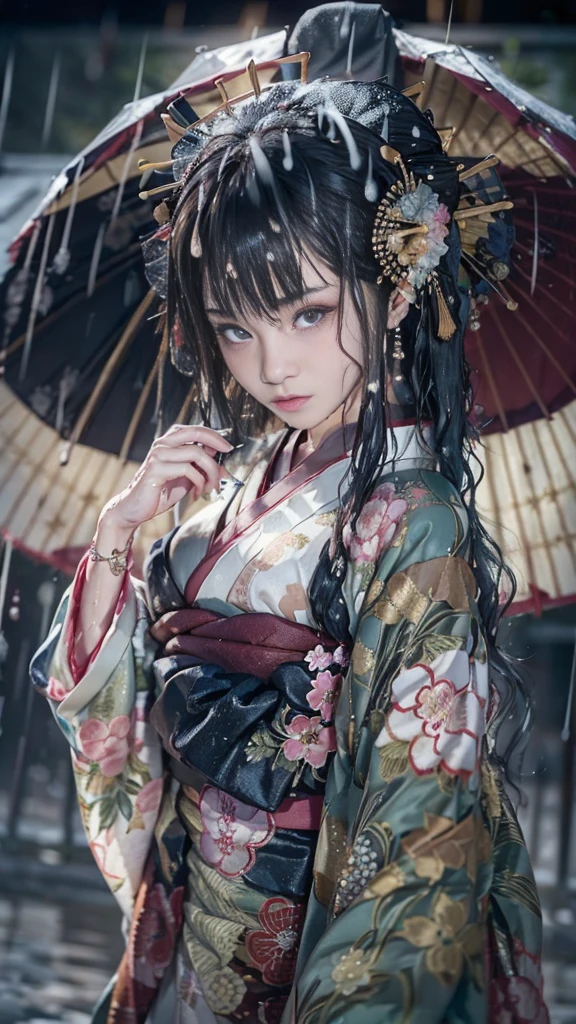 ((Low angle shooting:1.5)), (Photoreal:1.4, 8K, highest quality, masterpiece, ultra high resolution), ((heavy snow)), perfect dynamic composition:1.2, (In front of the shrine at night during the Taisho period, expression of sadness:0.9), (go up the stairs:0.9, View from directly below:0.9), Highly detailed skin and facial textures:1.2, Skinny prostitute in the rain:1.3, Fair skin:1.2, sexy beauty:1.1, perfect style:1.2, beautiful and aesthetic:1.1, very beautiful face:1.2, water droplets on the skin, (rain drips all over my body:1.2, wet body:1.2, wet hair:1.3), (Professional kimono dressing:1.1, Holding a wet bouquet:1.2, Wet Courtesan Costume:1.35), (Medium chest, Bra is sheer, Chest gap), (Big eyes that exude beautiful eroticism:0.8, Lips that exude beautiful eroticism:0.8, Too erotic:0.8, Bewitching:0.8), necklace, earrings, bracelet