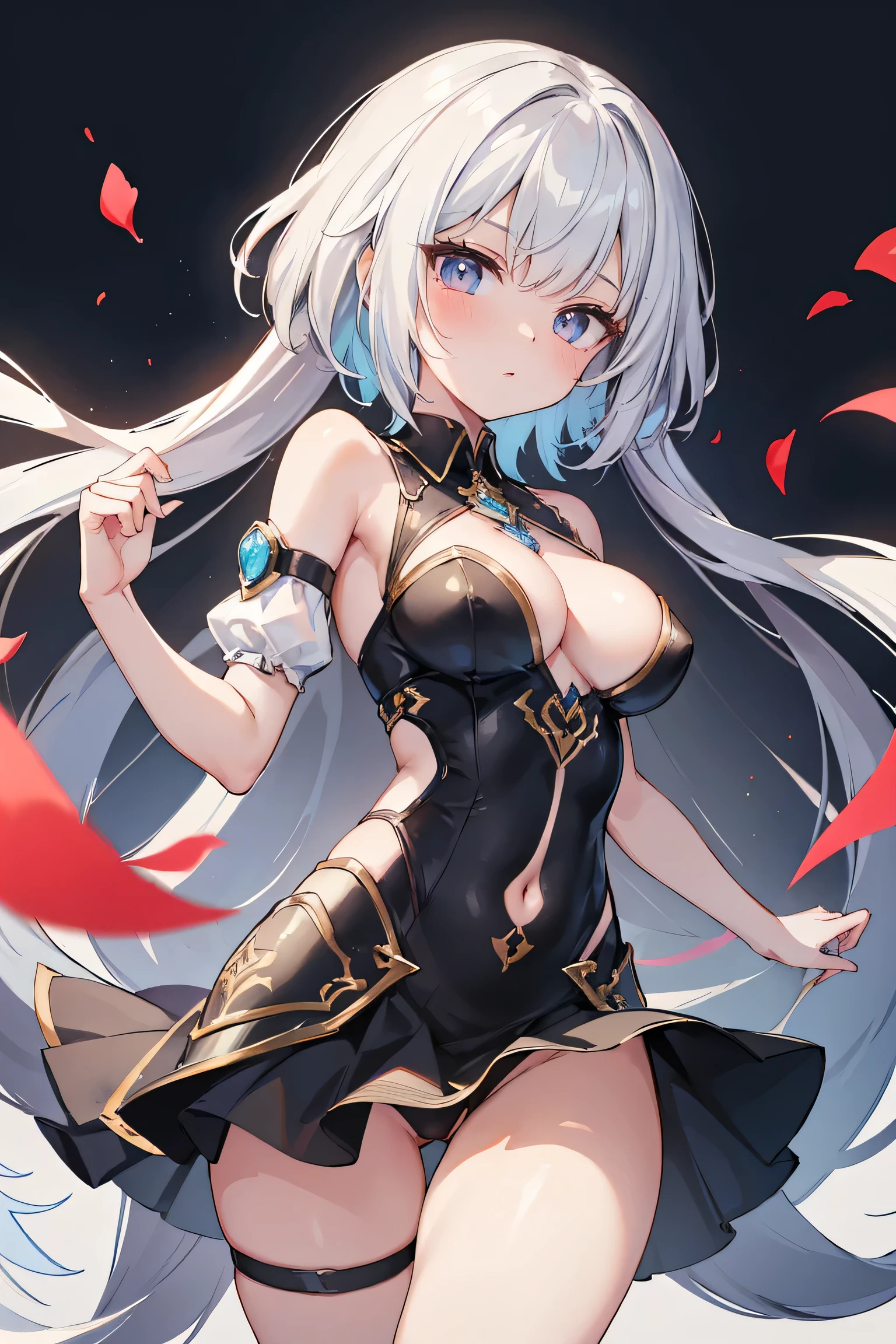 1girl, anime, cute girl, blank background, white background, fantasy, detailed fantasy dress with highlights, beautiful face, beautiful eyes, dark colors, black hair with multicolor streaks, red eye with different color pupil in eye, multicolor eye, medium small breasts (slightly big), slight cleavage, beautiful skin, cute, breast curtains, extremely delicate and beautiful, (beautiful detailed face:1.0), (detailed deep eyes), symmetrical breasts, deep eyes, shiny skin, portrait, slender waist, hips wider than shoulders, thighs, expressionless, young girl, luminous eyes, adorable,(Kpop idol),(aegyo sal:1),(Platinum blonde hair:1),((puffy eye)),Black panty,sexy posture,Superskirt, ultra high resolution,Black collar,slim figure, Abdominal y tattoo, womb tattoo,Tight-fitting leg ring,y tattoo on half-body,Bare skin, Armored hand,Hidden fingertips,Hand covered,Arm covered,Fist covered,{{beautiful detailed fingers}}, tufts of hair, moderate beautiful breast:1.0,(masterpiece:1.2), best quality, high-res, HDR, perfect face, intricate armor, delicate blue filigree, intricate filigree, red metalic parts, detailed part, dynamic pose, dynamic lights, cute face
