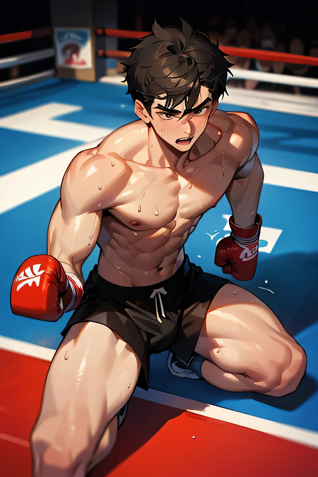 shirtless, super muscular, sweat-drenched body, 22-year old short black hair handsome caucasian male wearing boxing gloves, sweat-drenched white boxing shorts and boxing shoes, panting, resting on the floor in the corner of the ring, very exhausted, drenched with sweat, in the boxing ring