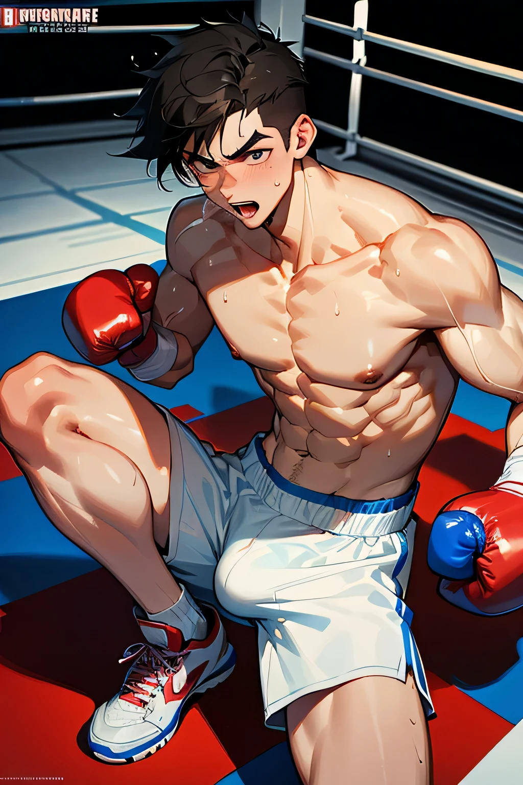shirtless, super muscular, sweat-drenched body, 22-year old short black hair handsome caucasian male wearing boxing gloves, sweat-drenched white boxing shorts and boxing shoes, panting, resting on the floor in the corner of the ring, very exhausted, drenched with sweat, in the boxing ring