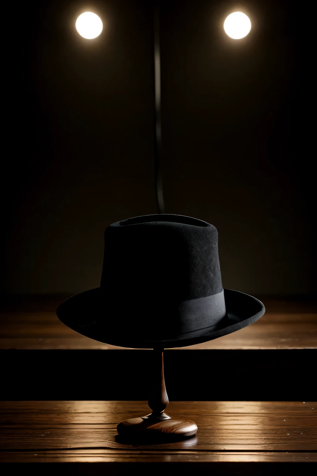 A magician's hat on top of a wooden table, lower position in camera, small size, small light, dark atmosphere