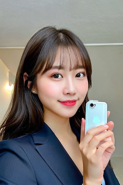 highest quality, shape, Super detailed, finely, High resolution, 8k wallpaper, ((have a smartphone)), 完璧なダイナミックな構shape, beautiful and detailed eyes, blue suit dress, straight hair,small breasts natural color lip, smile、indoor、20 year old girl、cute、Photographed from the camera&#39;s perspective,perfect and beautiful face,blur the background, ((Smartphone in hand))