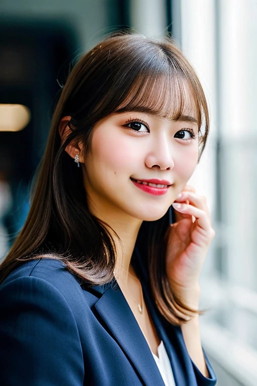 highest quality, shape, Super detailed, finely, High resolution, 8k wallpaper, ((I have a smartphone)), 完璧なダイナミックな構shape, beautiful and detailed eyes, dark blue suit, chignon, half up, small breasts, natural color lip, smile、indoor、20 year old girl、cute、taken from camera&#39;point of view,perfect and beautiful face,blur the background, ((holding a smartphone)),