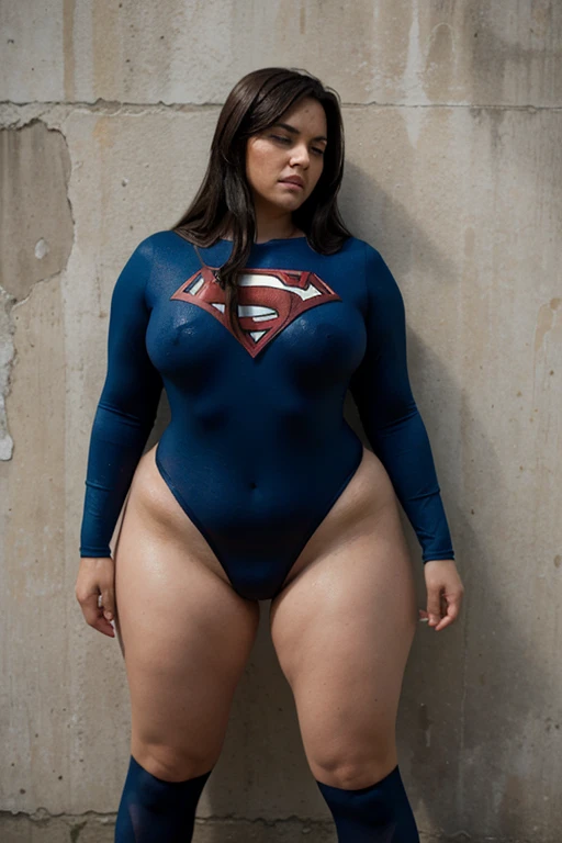 bbw superheroine is standing asleep against a wall, sweat, full body, defeat