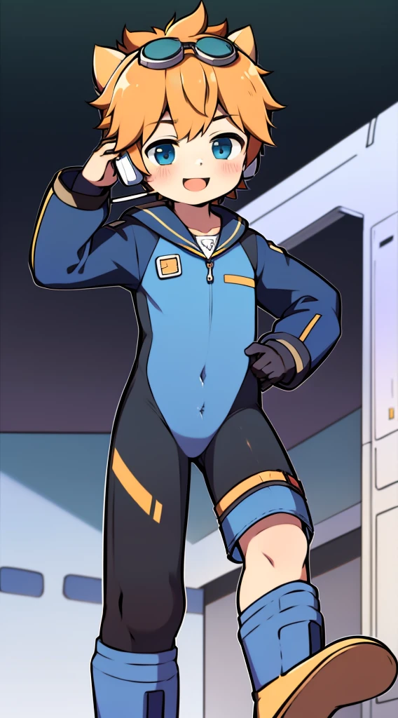 2D Boy Shota,One-piece mountaineering suit,Slim, healthy body,Put the headphones on your head,stand up,goggles,Rabbit ears,happy,sailor collar,tie