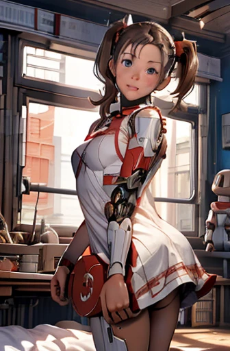 A Female robot is sleeping in bedroom, spread legs, nude, banzai pose. she wears no dress. She Brown short hair is tied with two big red clothespins, She lifts up the under hem of her white plain dress, leaning over, masterpiece, very short pigtails,brown hair, mature, android, blue eyes, full body figure, Height: 160cm, flushed cheeks, 2020s anime picture, A beautiful robot with short brown hair in two short pigtails held up by two very large huge red clothespins, Uplifting, No NSFW, whole body, barefoot, archaic smile, getting orgasm, 25 years old, sweat bucket. 