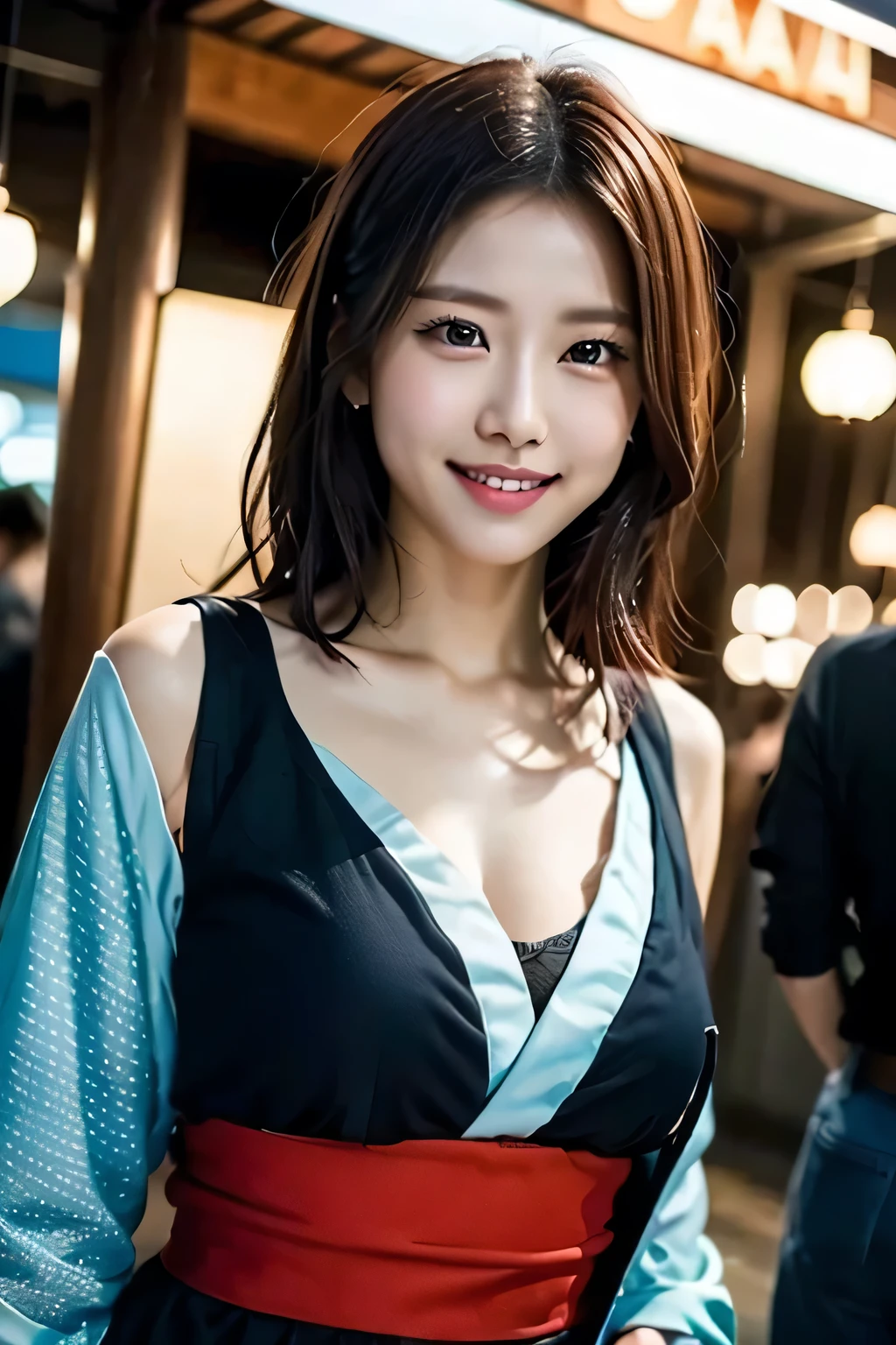 Beautiful woman,Beautiful face,cute,bright smile,She is stylishly dressed in a cute yukata..Walking past food stalls at a Japanese night festival,
(Reddish brown wet shiny short messy hair),cheeks turn red,pointed red mouth,big breasts,Emphasize the chest,Perfect body curves,beautiful clavicle、wet hair,wet face,wet body,wet skin,wet costume,Detailed clothing features,Detailed hair features,detailed facial features,look at camera,(dynamic angle),(dynamic and sexy pose),cinematic light,(muste piece,highest quality,Ultra-high resolution output images,Depth of the bounds written,intricate details,Make the subject three-dimensional with the contrast of light and shadow,) ,Digital single-lens reflex camera, (Photoreal:1.3),(8K quality,Anatomically correct facial structure,),(sea art 2 mode:1.3),(Image Mode Ultra HD,)