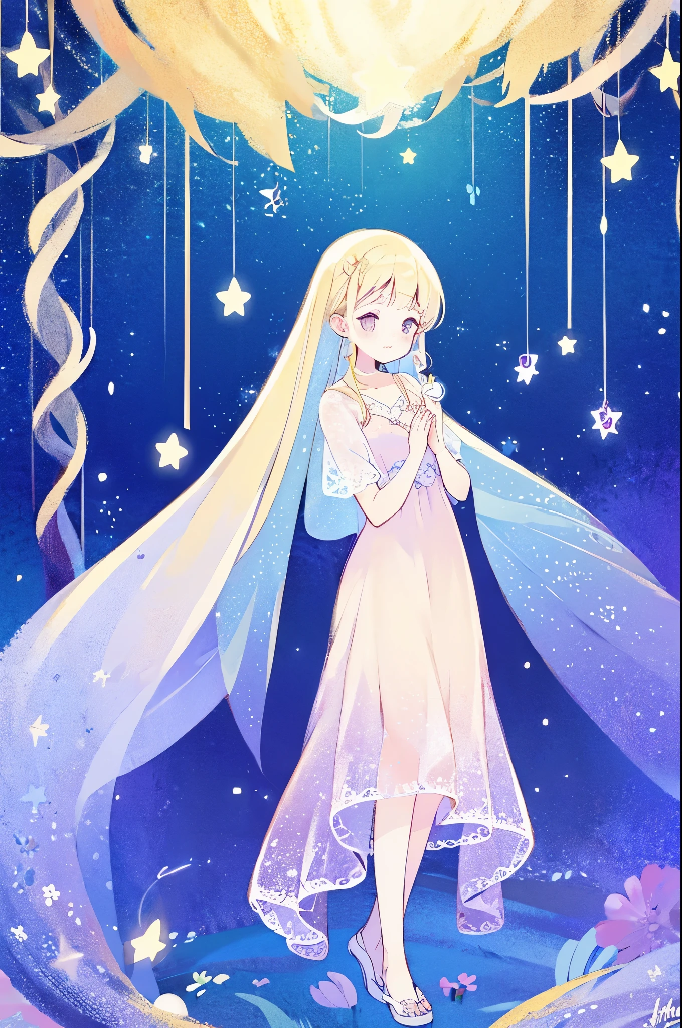 complex background, wishing star background, a woman wearing an ethereal mystical pink translucent dress that reflects the stars, perfume promo art, mystic, complex drawing, highly detailed, Covergirl brand, promo art, artistic rendition, ethereal, starry night, midjourney style