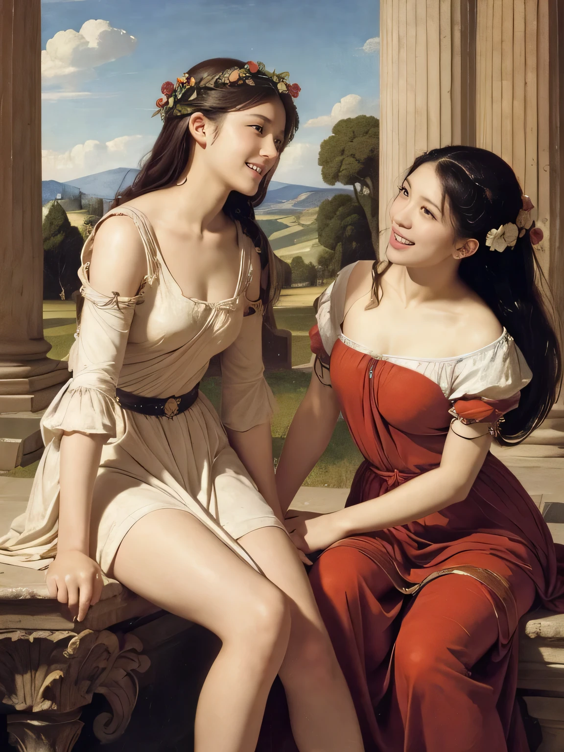 full body portrait or statue、Giorgione painting style,Arguments of two female Philosophe,math、astronomical machine、astronaut、roses in vase、fruits、Cute trinkets、smile、ancient greek costume、Ancient Roman landscape in the style of Nicolas Poussin,laughter,,Sweet and seductive appearance.、Caravaggio's paintings、Chiaroscuro of Caravaggio、hair tousled by the wind,Two women frolicking,cute smile, expression of ecstasy,Sexy,erotic