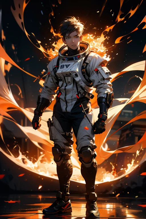 teen boy, buzz cut hair, short hair, full body shot, ring of fire, standing pose, Indian art, spacesuit, astronaut, handsome face, Transition the state mode, Extreme instincts, An epic anime about energy people, Fire, Anime epic artwork, Comics 8K wallpapers, Detailed digital anime art, advanced digital anime art, Detailed anime artwork, 8K badass anime, plain white background