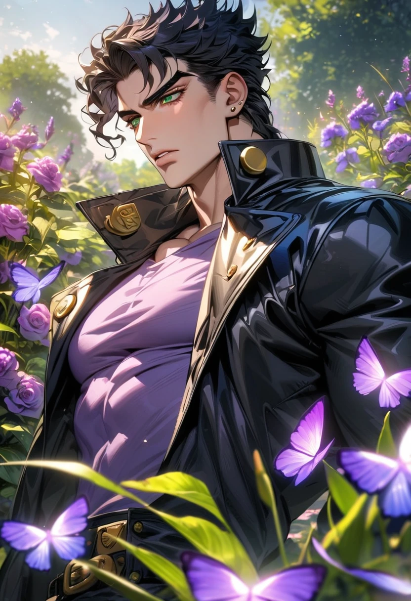 absurdres, highres, ultra detailed, HDR, masterpiece, Jotaro Kujo, black hair, expressive green eyes, jojo bizarre adventure, black leather coat, purple shirt, 1man, handsome, extremely detailed, garden, purple flowers, purple petals, purple butterflies