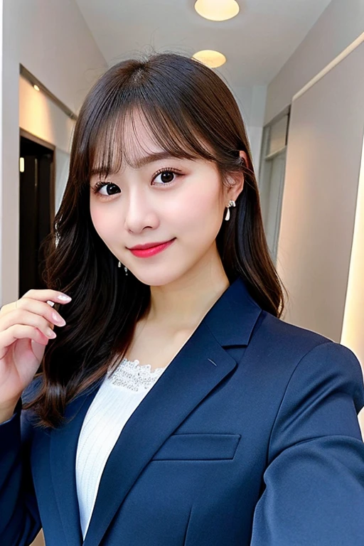 highest quality, shape, Super detailed, finely, High resolution, 8k wallpaper, ((I have a smartphone)), 完璧なダイナミックな構shape, beautiful and detailed eyes, dark blue suit, chignon, half up, small breasts, natural color lip, smile、indoor、20 year old girl、cute、taken from camera'point of view,perfect and beautiful face,blur the background, ((holding a smartphone)),