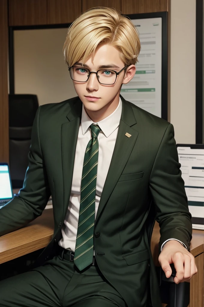 blonde short hair brown and green odd eyes black rim glasses Handsome guy 21age suit office live-action