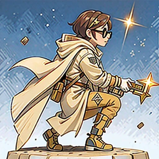 Brilliant Gold Diamond Maya Star((Rosewood))Copper weapons, Burlap Cloak Mummy Hood Platinum Silk Cyberpunk Light Crossbow Space Station 1:90 miniature models, illustration, Side view, (Side view), Wear gold-rimmed reflective sunglasses, Carrying future weapons, very happy, Side view, whole body, 3d, (Black and white checkered glasses) octane rendering, perfect appearance, Collagen protein(((denim)))