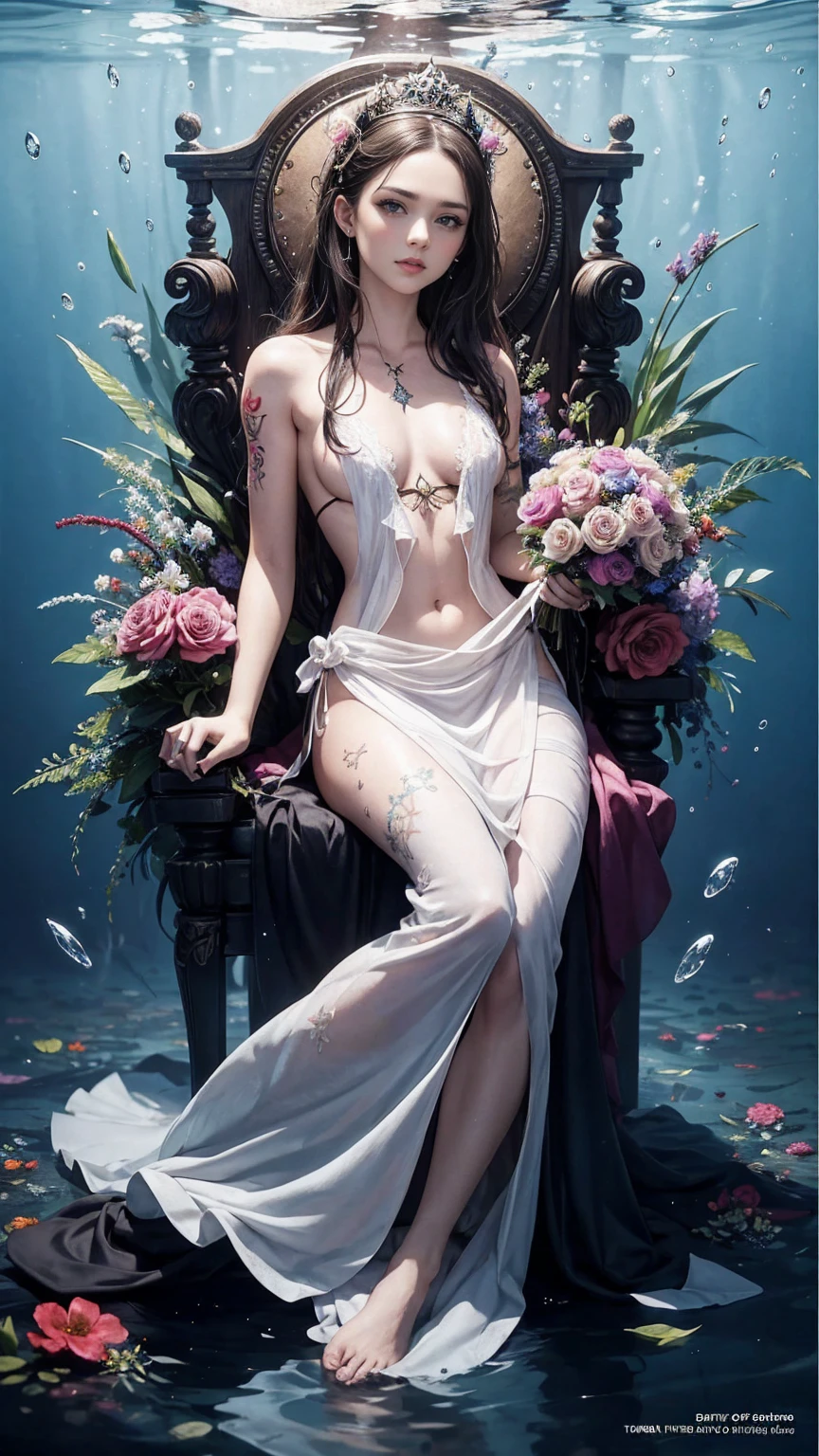 tattoo on body、There&#39;s a woman with flowers in her hands, album art, realism art, sitting on a throne underwater, art cover, realism art style, album, realistic art, official artwork, realism artstyle, music album art, Written by Adam Dario Kiel, realistic artwork, album art cover, official art, Lil Peep, inspired Written by Adam Dario Kiel