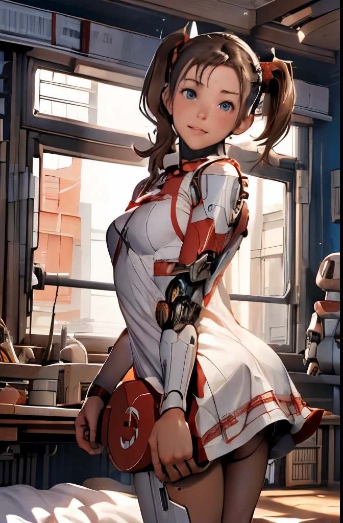 A Female robot is sleeping in bedroom, spread legs, nude, banzai pose. she wears no dress. She Brown short hair is tied with two big red clothespins, She lifts up the under hem of her white plain dress, leaning over, masterpiece, very short pigtails,brown hair, mature, android, blue eyes, full body figure, Height: 160cm, flushed cheeks, 2020s anime picture, A beautiful robot with short brown hair in two short pigtails held up by two very large huge red clothespins, Uplifting, No NSFW, whole body, barefoot, archaic smile, getting orgasm, 25 years old, sweat bucket. 