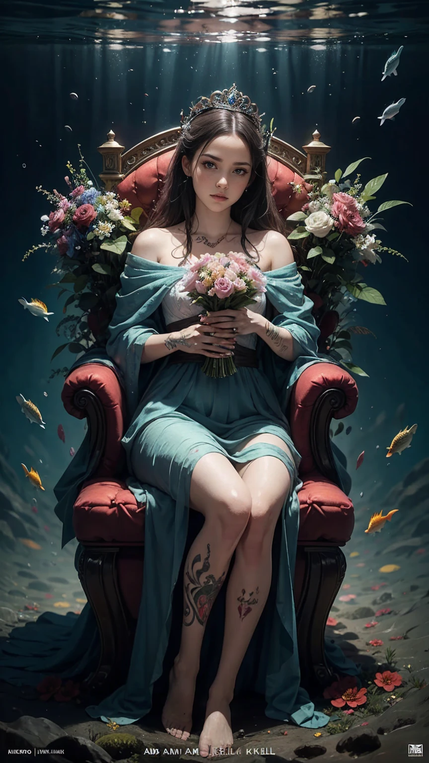 tattoo on body、There's a woman with flowers in her hands, album art, realism art, sitting on a throne underwater, art cover, realism art style, album, realistic art, official artwork, realism artstyle, music album art, Written by Adam Dario Kiel, realistic artwork, album art cover, official art, Lil Peep, inspired Written by Adam Dario Kiel