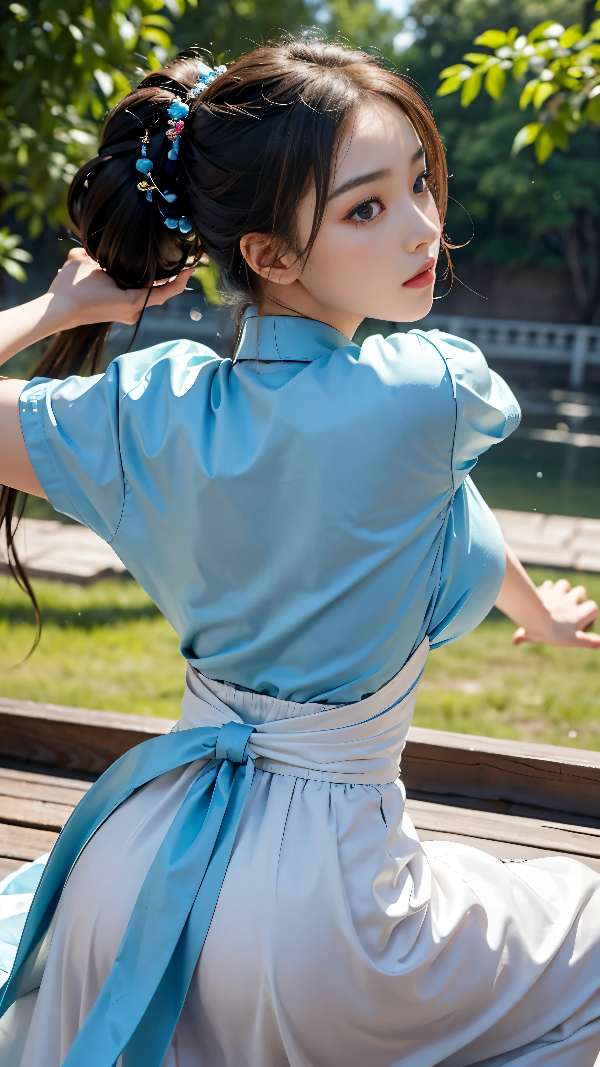 highest quality、masterpiece、High resolution(1.4)、Wuxia 1girl, dressed in an exquisite China dress,、It revealed her super gorgeous face adorned with subtle makeup and a serene look.。Long flowing hair cascading down her back、Sparkling in the sunlight、It caught the attention of onlookers。A moment of silence before the action begins、Her gorgeous eyes reflected determination and focus.。She wore her hair elegantly in a high bun.、Her hair was held in place with intricately braided hairpins.。With a swift and deft movement she drew her sword.、Get ready for some electrifying kung fu combat。China dress