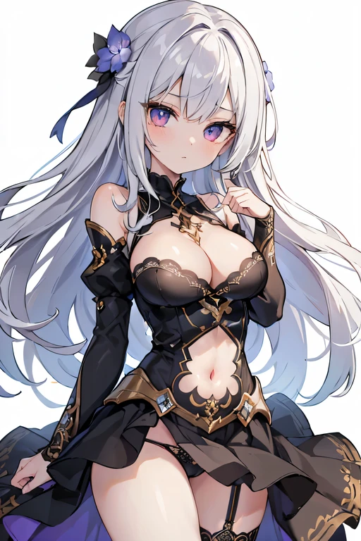 1girl, anime, cute girl, blank background, white background, fantasy, detailed fantasy dress with highlights, beautiful face, beautiful eyes, dark colors, black hair with multicolor streaks, red eye with different color pupil in eye, multicolor eye, medium small breasts (slightly big), slight cleavage, beautiful skin, cute, breast curtains, extremely delicate and beautiful, (beautiful detailed face:1.0), (detailed deep eyes), symmetrical breasts, deep eyes, shiny skin, portrait, slender waist, hips wider than shoulders, thighs, expressionless, young girl, luminous eyes, adorable，（Kpop idol）,（aegyo sal：1），（Platinum blonde hair：1），（（puffy eye）），Black panty，sexy posture，Superskirt, ultra high resolution，Black collar，slim figure, Abdominal y tattoo, womb tattoo，Tight-fitting leg ring，y tattoo on half-body，Bare skin, Armored hand，Hidden fingertips，Hand covered，Arm covered，Fist covered,{{beautiful detailed fingers}}, tufts of hair, moderate beautiful breast:1.0,(masterpiece:1.2), best quality, high-res, HDR, perfect face, intricate armor, delicate blue filigree, intricate filigree, red metalic parts, detailed part, dynamic pose, dynamic lights, cute face