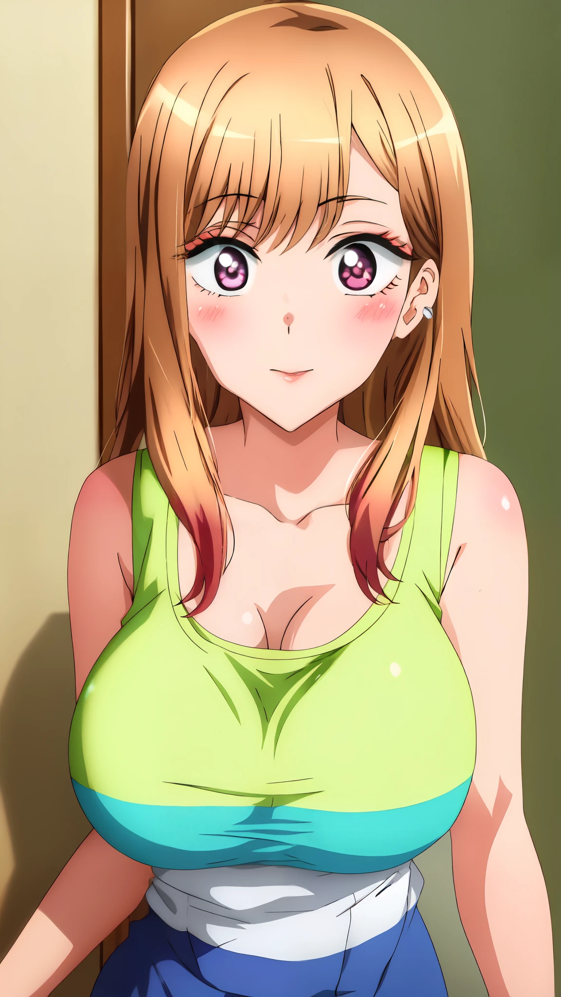 very bright and clear color ,Marin Kitagawa - My Dress-Up Darling A cute anime girl with big breasts , black tank top, looking straight at camera , natural sagging breast ,half body shot camera