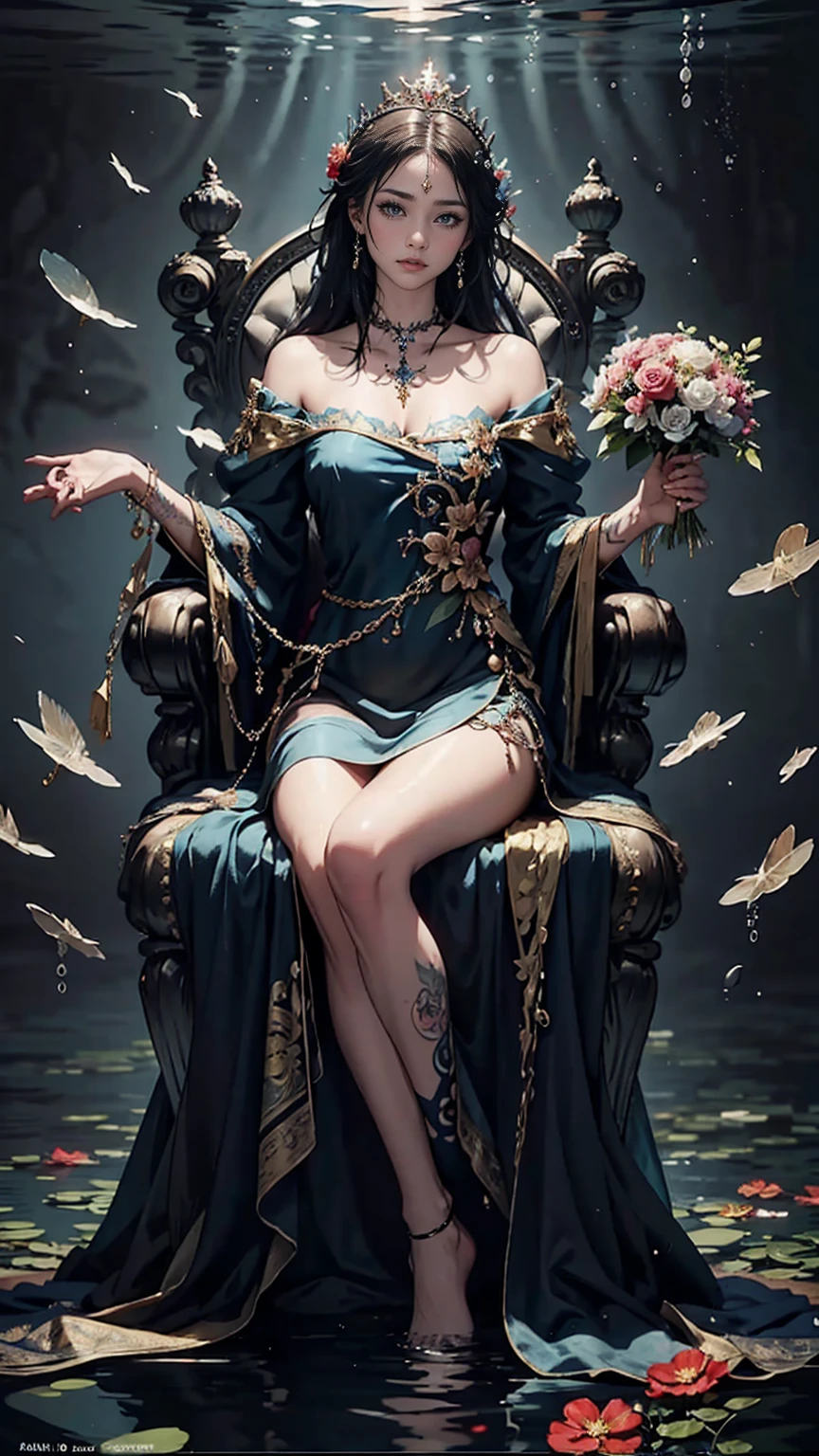 tattoo on body、There's a woman with flowers in her hands, album art, realism art, sitting on a throne underwater, art cover, realism art style, album, realistic art, official artwork, realism artstyle, music album art, Written by Adam Dario Kiel, realistic artwork, album art cover, official art, Lil Peep, inspired Written by Adam Dario Kiel