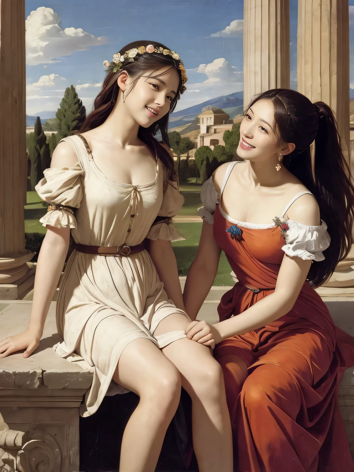 full body portrait or statue、Giorgione painting style,Arguments of two female Philosophe,math、astronomical machine、astronaut、roses in vase、fruits、Cute trinkets、smile、ancient greek costume、Ancient Roman landscape in the style of Nicolas Poussin,laughter,,Sweet and seductive appearance.、Caravaggio's paintings、Chiaroscuro of Caravaggio、hair tousled by the wind,Two women frolicking,cute smile, expression of ecstasy,Sexy,erotic